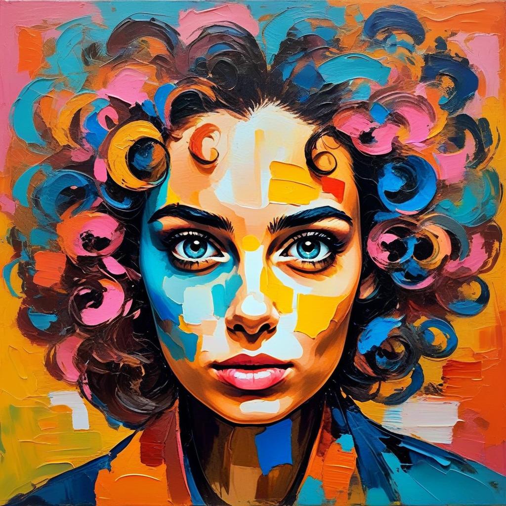 Colorful Abstract Portrait of Woman with Curly Hair and Blue Eyes