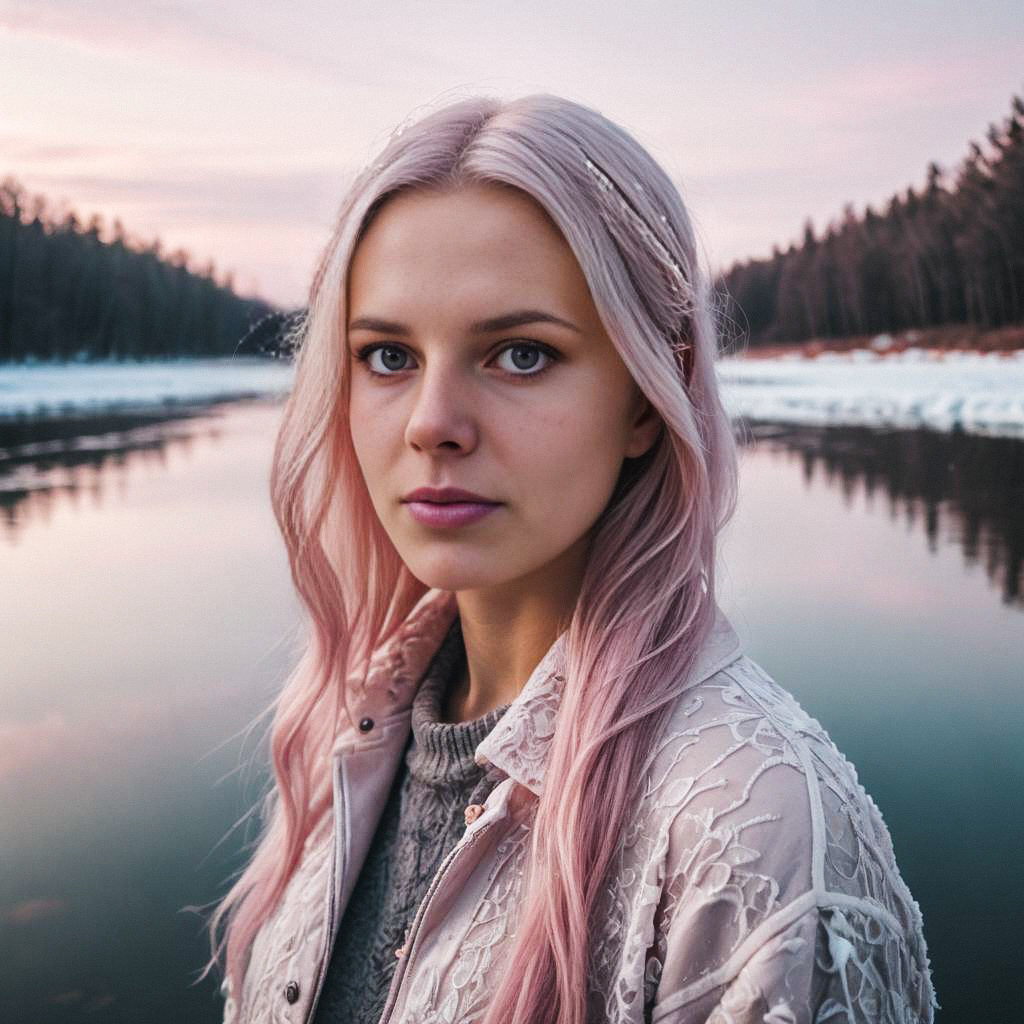 Young Woman with Pastel Pink Hair by Calm River at Sunset Young Woman with Pastel Pink Hair by Calm River at Sunset