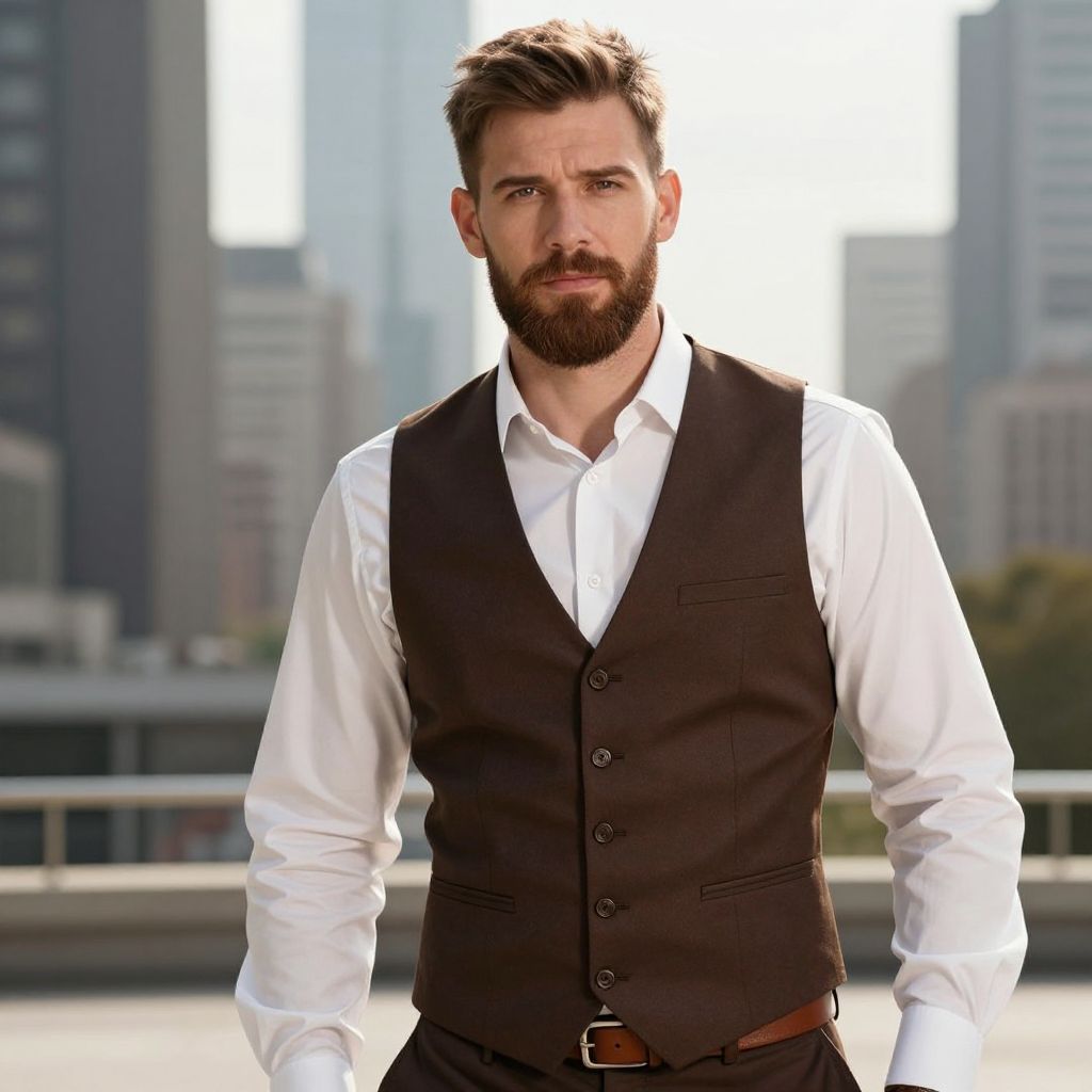Confident Man Wearing Brown Vest and White Shirt in Urban Setting