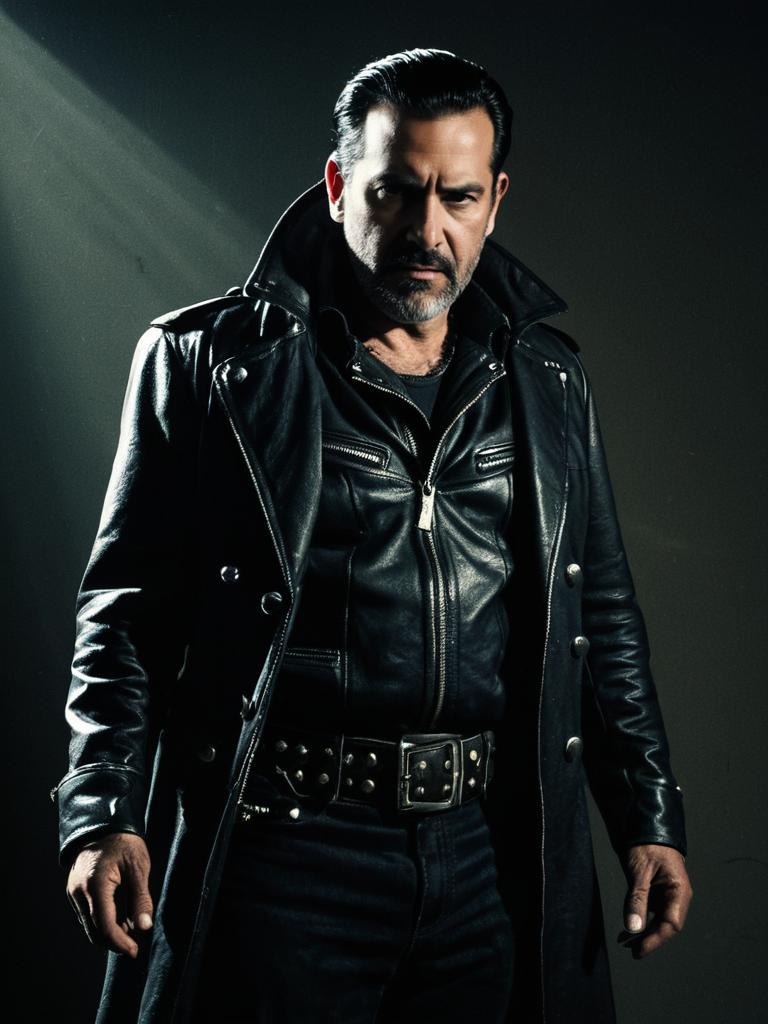 Man in Negan Costume Waist Up Editorial Photo with Dramatic Harsh Shadows