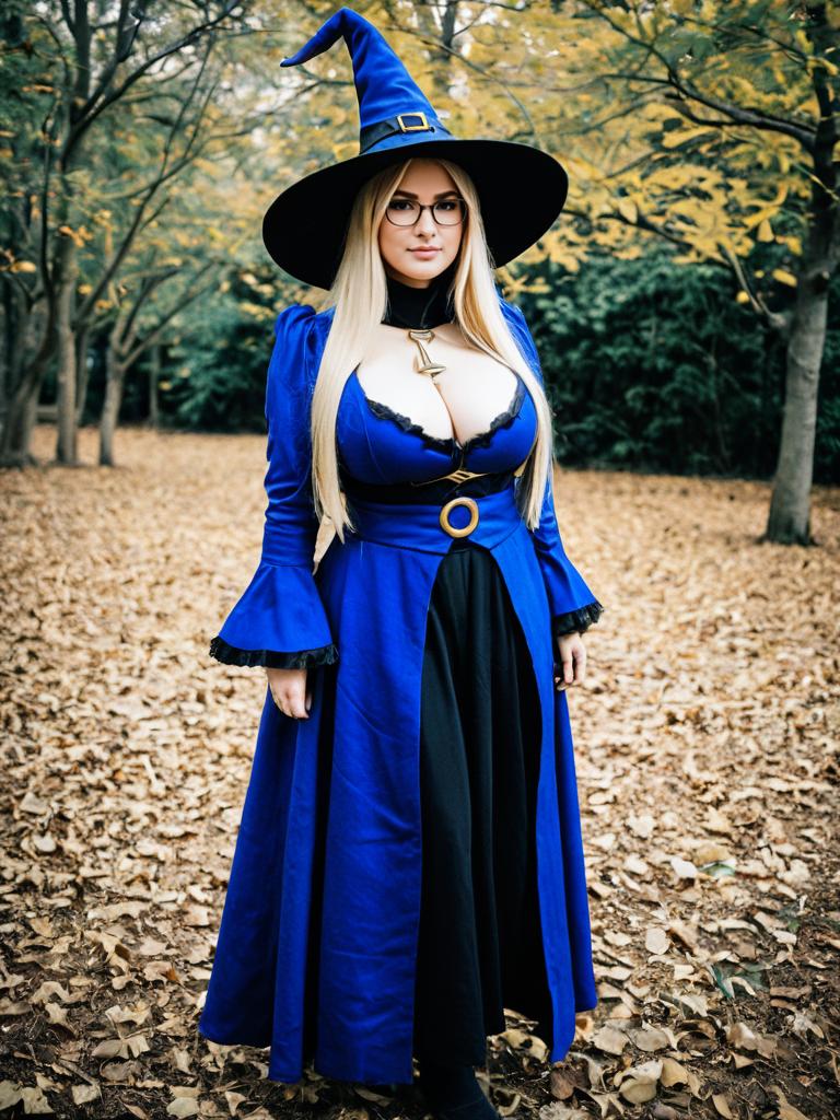 Woman in Blue Sorceress Witch Costume with Hat in Autumn Forest