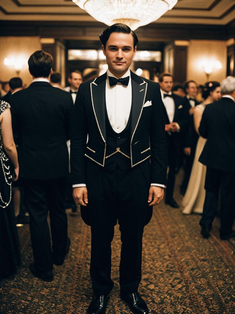 Man in Gatsby Party Costume Full Body Cosplay Photo with Tuxedo and Bow Tie