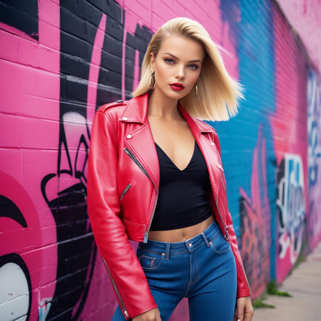 Stylish Woman in Red Jacket Against Graffiti Wall