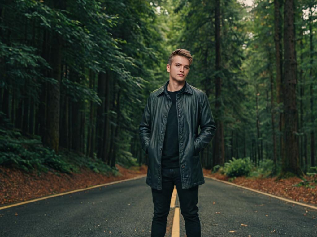 Young Man in Leather Jacket on Forest Road