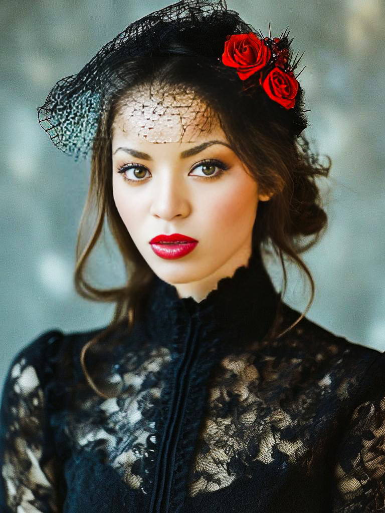 Elegant Woman in Black Lace Dress with Floral Headpiece