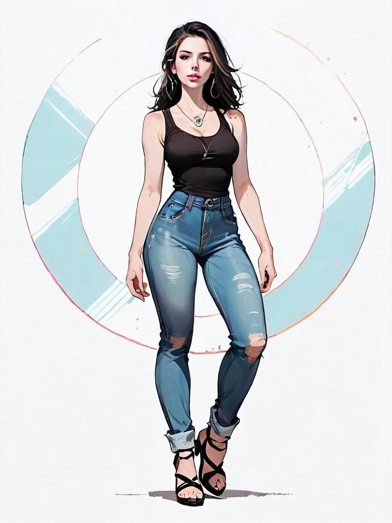 Realistic Comic Style Full Body Illustration of Woman in Casual Outfit