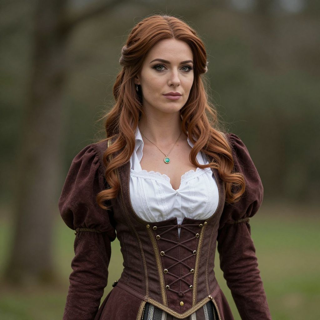 Red Haired Woman in Renaissance Style Brown Corset Dress Outdoors
