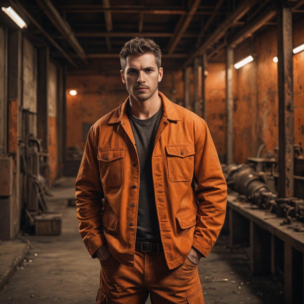 Confident man in orange work jacket in industrial setting