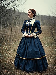 Woman in 19th-Century Blue Dress with Gold Trim