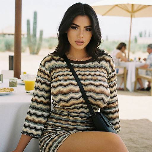 Stylish Woman in Zigzag Dress Sitting at Outdoor Café