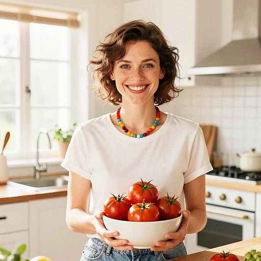 Young Woman Holding Bowl of Fresh Tomatoes in Modern Kitchen Gen Z Style