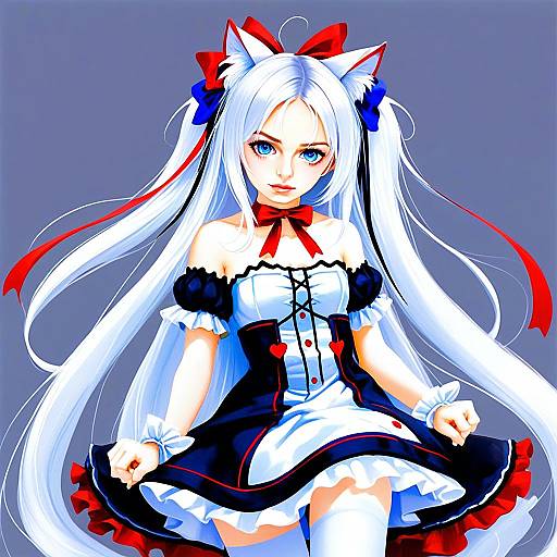 Hammann Azur Lane Anime Girl with Cat Ears in Blue and Red Dress