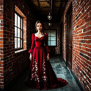 Woman in Elegant Deep Red Gown in Vintage Hallway