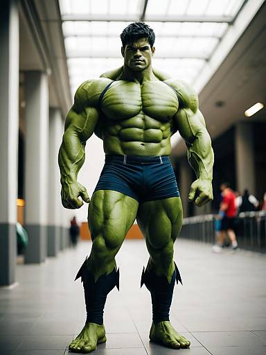 Realistic Hulk Cosplay Man with Muscular Physique in Indoor Setting