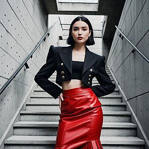 Confident Woman in Black Blazer and Red Leather Skirt on Concrete Staircase
