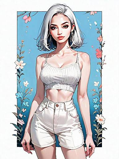 Stylish Woman in White Crop Top and Shorts - Realistic Comic Illustration
