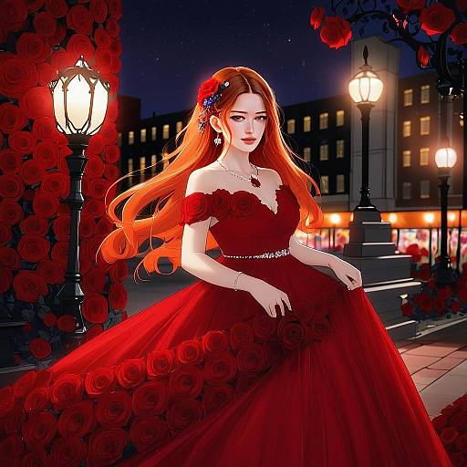 Elegant Anime Woman in Red Rose Gown at Night