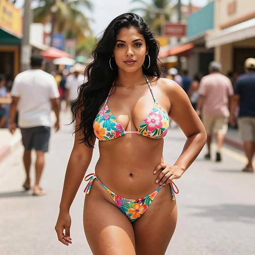 Confident Woman in Colorful Floral Bikini on Sunny Street