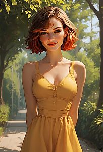 Young Woman in Yellow Dress in Sunlit Park