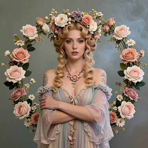 Vintage Style Woman in Floral Crown and Pastel Dress with Rose Wreath