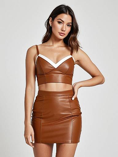 Woman Wearing Sleek Modern Camel Brown Faux Leather Two-Piece Set with V Neck