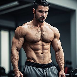 Muscular Man Posing Shirtless in Gym