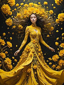 Woman in Yellow Gown with Floral Appliqués
