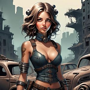 Steampunk Post-Apocalyptic Woman in Ruined City Digital Artwork