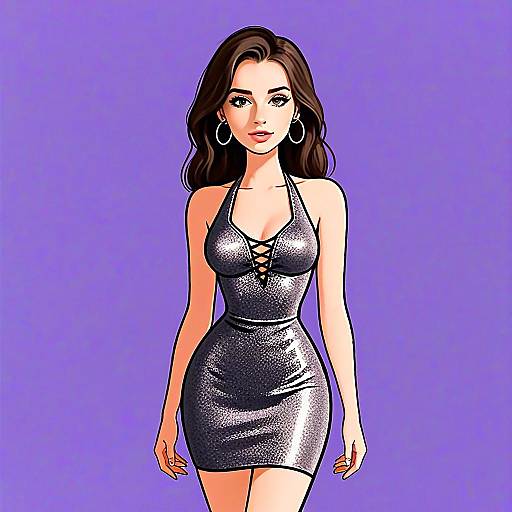 Stylish Woman in Shimmering Silver Bodycon Dress Digital Illustration