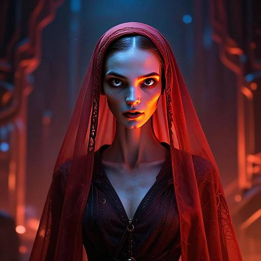Stylish Woman in Red Veil with Cinematic Lighting and Futuristic Vibe
