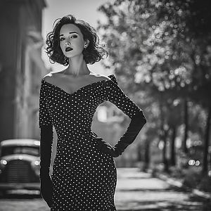 Glamorous Woman in Vintage Polka Dot Dress