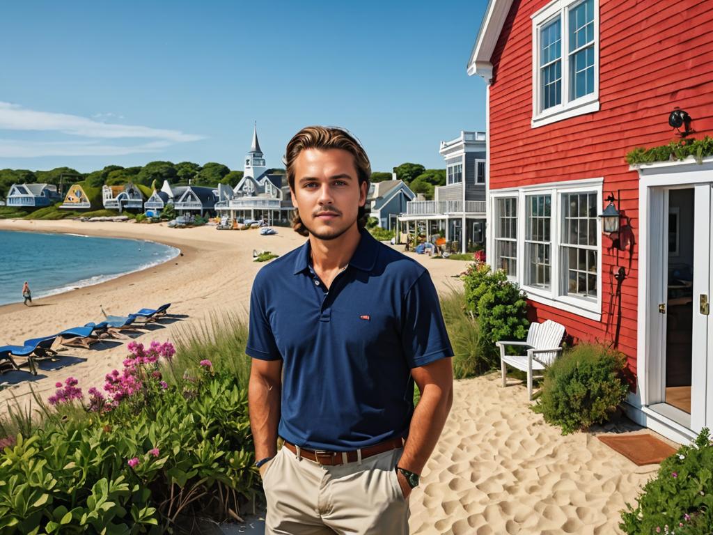 Man in front of picturesque Martha's Vineyard beach