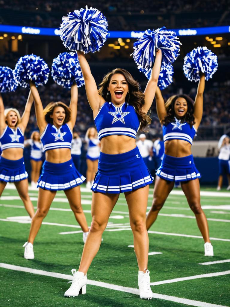Energetic Cheerleaders Performing on Football Field