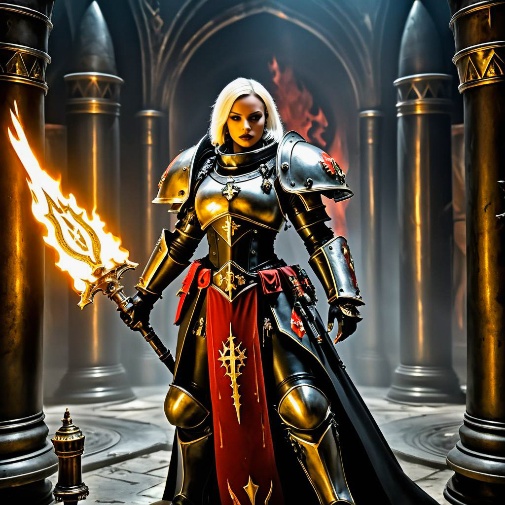 Armored Warrior Woman with Fiery Spear in Gothic Setting