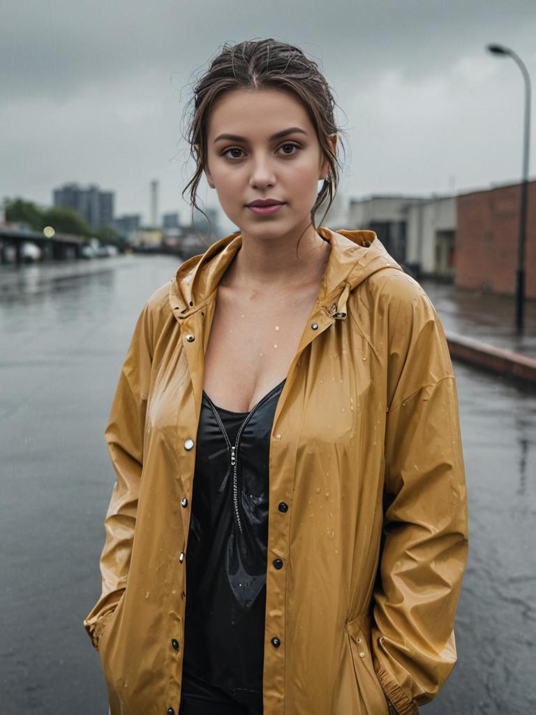 Woman in Yellow Raincoat on Wet Street