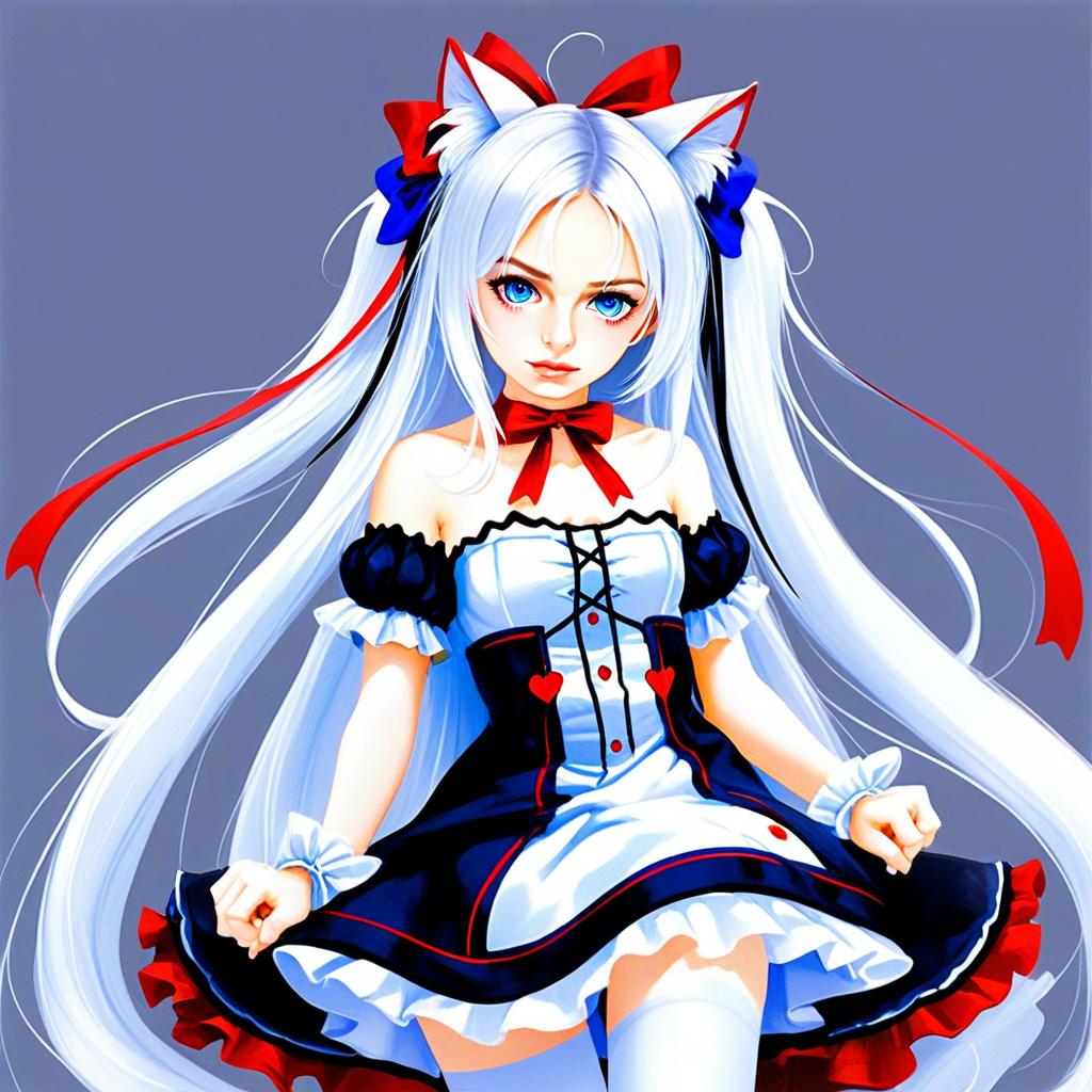 Hammann Azur Lane Anime Girl with Cat Ears in Blue and Red Dress