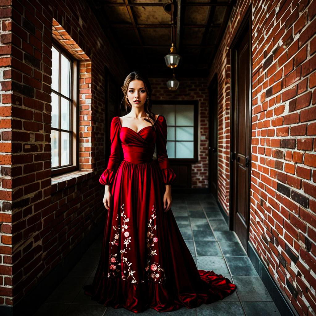 Woman in Elegant Deep Red Gown in Vintage Hallway Woman in Elegant Deep Red Gown in Vintage Hallway