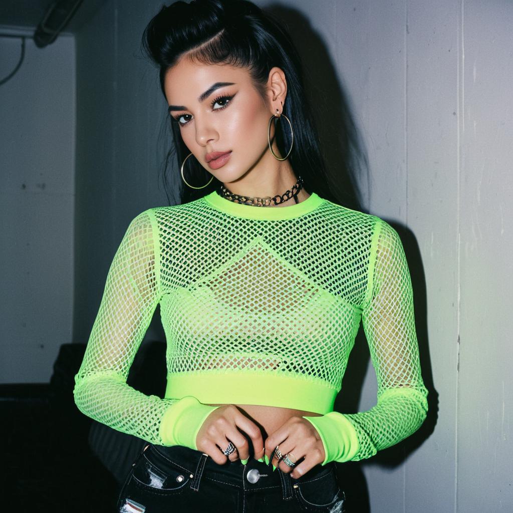 Trendy Woman in Neon Green Fishnet Crop Top Stylish Urban Fashion Trendy Woman in Neon Green Fishnet Crop Top Stylish Urban Fashion