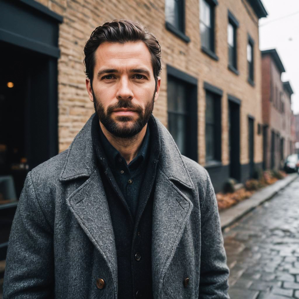 Confident Man in Stylish Gray Coat on Cobblestone Street