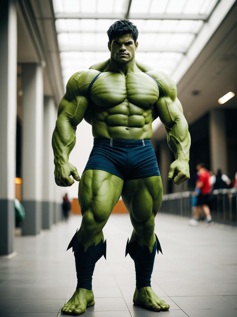 Realistic Hulk Cosplay Man with Muscular Physique in Indoor Setting