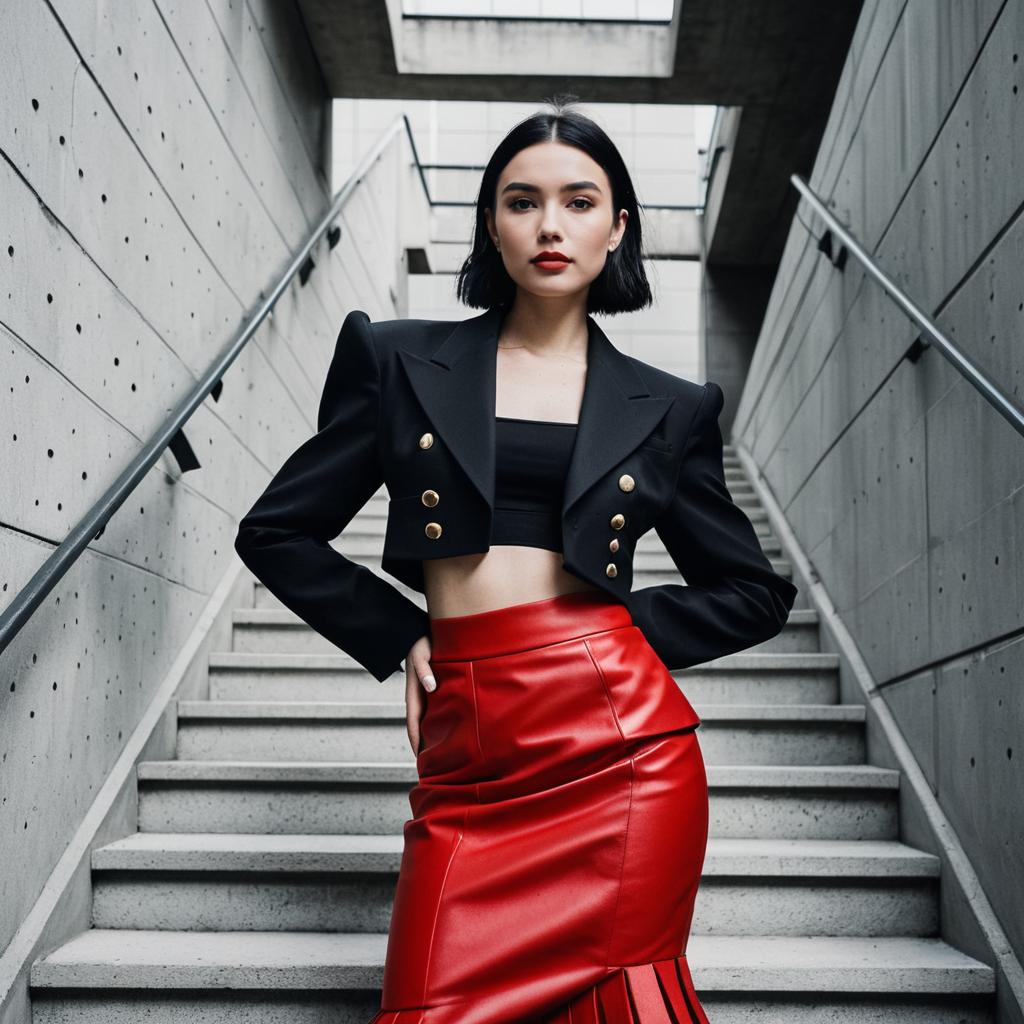 Confident Woman in Black Blazer and Red Leather Skirt on Concrete Staircase