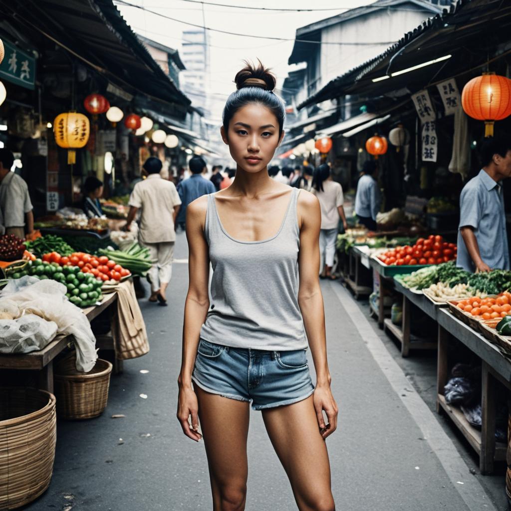 Confident Woman at Urban Market with Fresh Vegetables Confident Woman at Urban Market with Fresh Vegetables