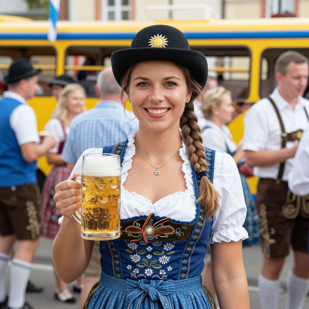 Bavarian Woman in Traditional Dirndl Holding Beer at Festival