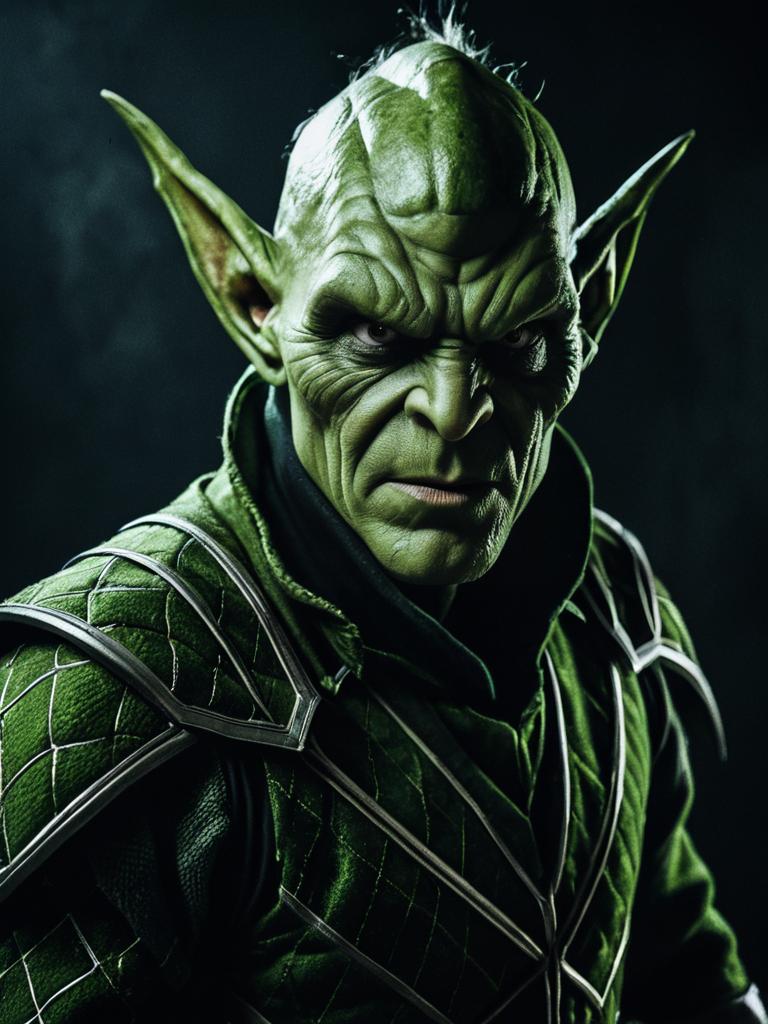 Man in Green Goblin Costume Cinematic Realism Dramatic Villain Shot Man in Green Goblin Costume Cinematic Realism Dramatic Villain Shot