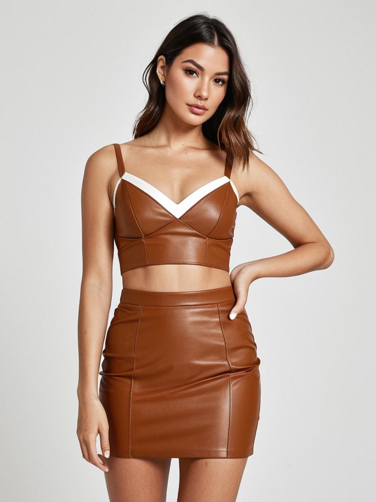 Woman Wearing Sleek Modern Camel Brown Faux Leather Two-Piece Set with V Neck