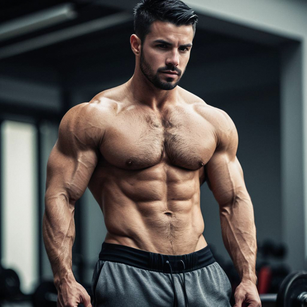 Muscular Man Posing Shirtless in Gym Muscular Man Posing Shirtless in Gym