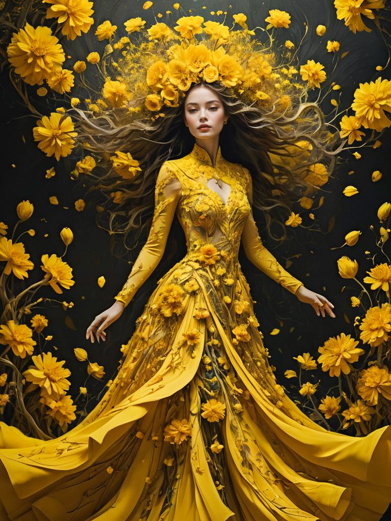 Woman in Yellow Gown with Floral Appliqués