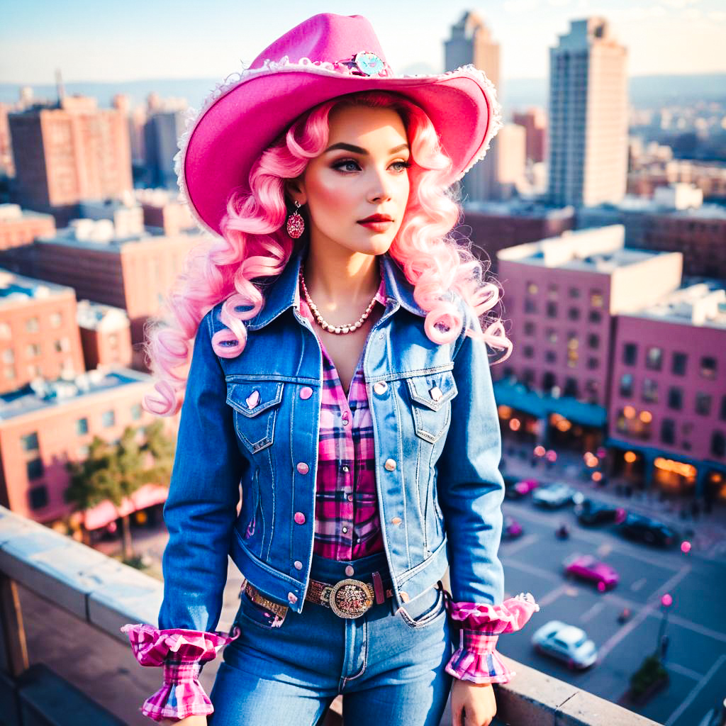 Fashionable Woman in Cowboy Hat and Denim Outfit