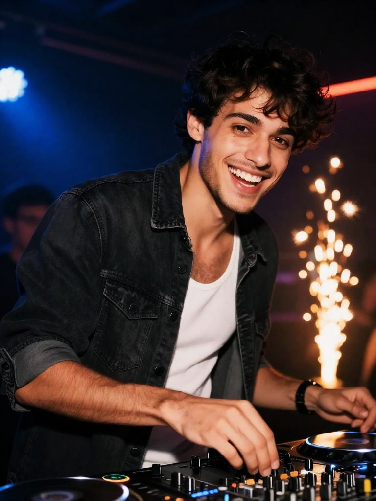 Young Male DJ Spinning Music at Nightclub Party