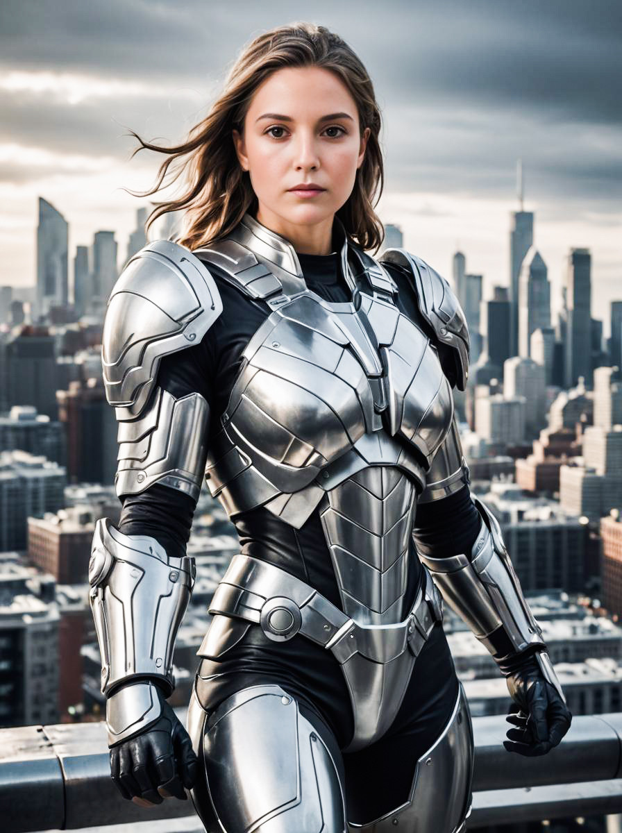 Woman in Futuristic Metallic Armor Against City Skyline